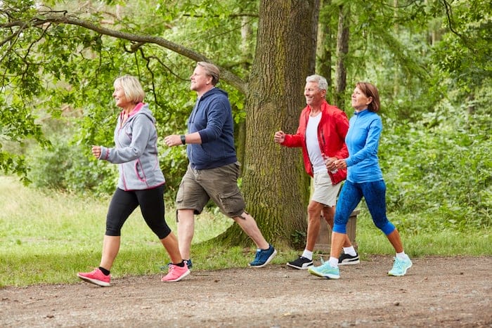 Group of seniors walking or walking as a fitness training in nature