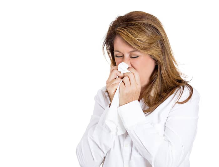 Closeup portrait of a miserable, sick adult woman with allergy, cold, blowing her nose with paper tissue, isolated on white background. Human face expressions. Flu season, vaccination, prevention.