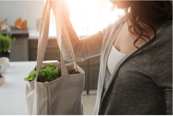 Young woman with fresh vegetables in eco bag indoors