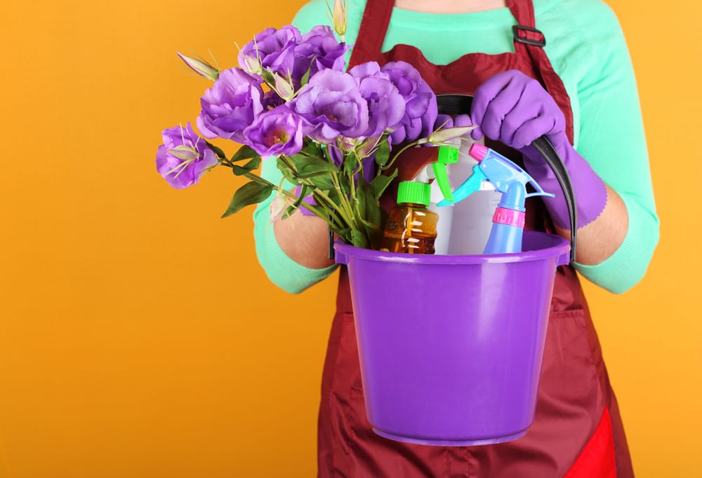 Housewife holding bucket with cleaning equipment on color background. Conceptual photo of spring cleaning.