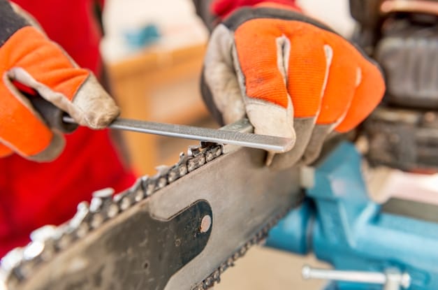 A person wearing orange work gloves holds a metal file to the exposed part of the chain of a chainsaw for sharpening.