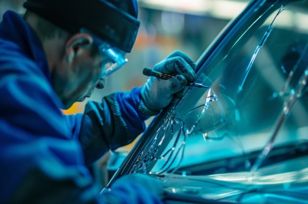 An automotive technician wearing a hat, goggles, and gloves using a tool to fix a crack in a car windshield.