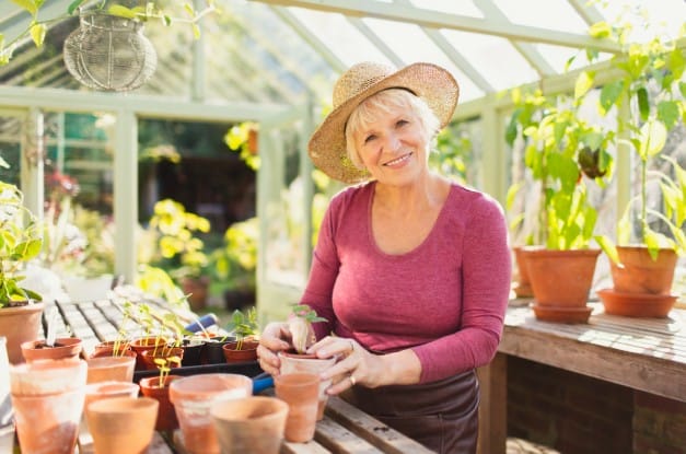 Senior woman wearing a brown hat and smiling, potting small plants inside a home greenhouse with plants in the background.