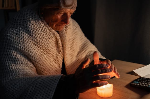 An older man wearing a beanie and a blanket around his shoulders sits at a table with a candle during a power outage.