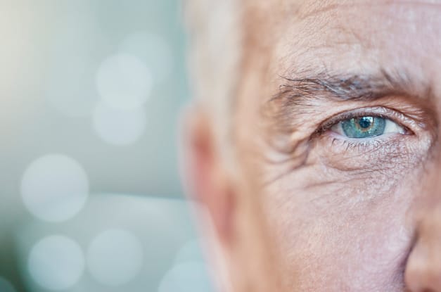 A close-up of an older man’s eye. He has a blue iris and scraggly brown, gray, and white eyebrow hairs.