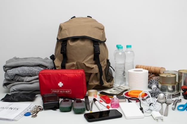 A brown backpack, folded clothes, a first aid kit, and other essential materials sitting on a table.
