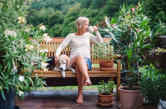 An older woman sits cross-legged on a bench while sipping coffee next to a dog, surrounded by potted plants.